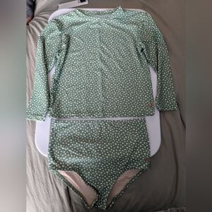 Honey Mark Girl's 2-PC Green Floral Swimsuit Size 11 - 12 Lined High Waist NWOT